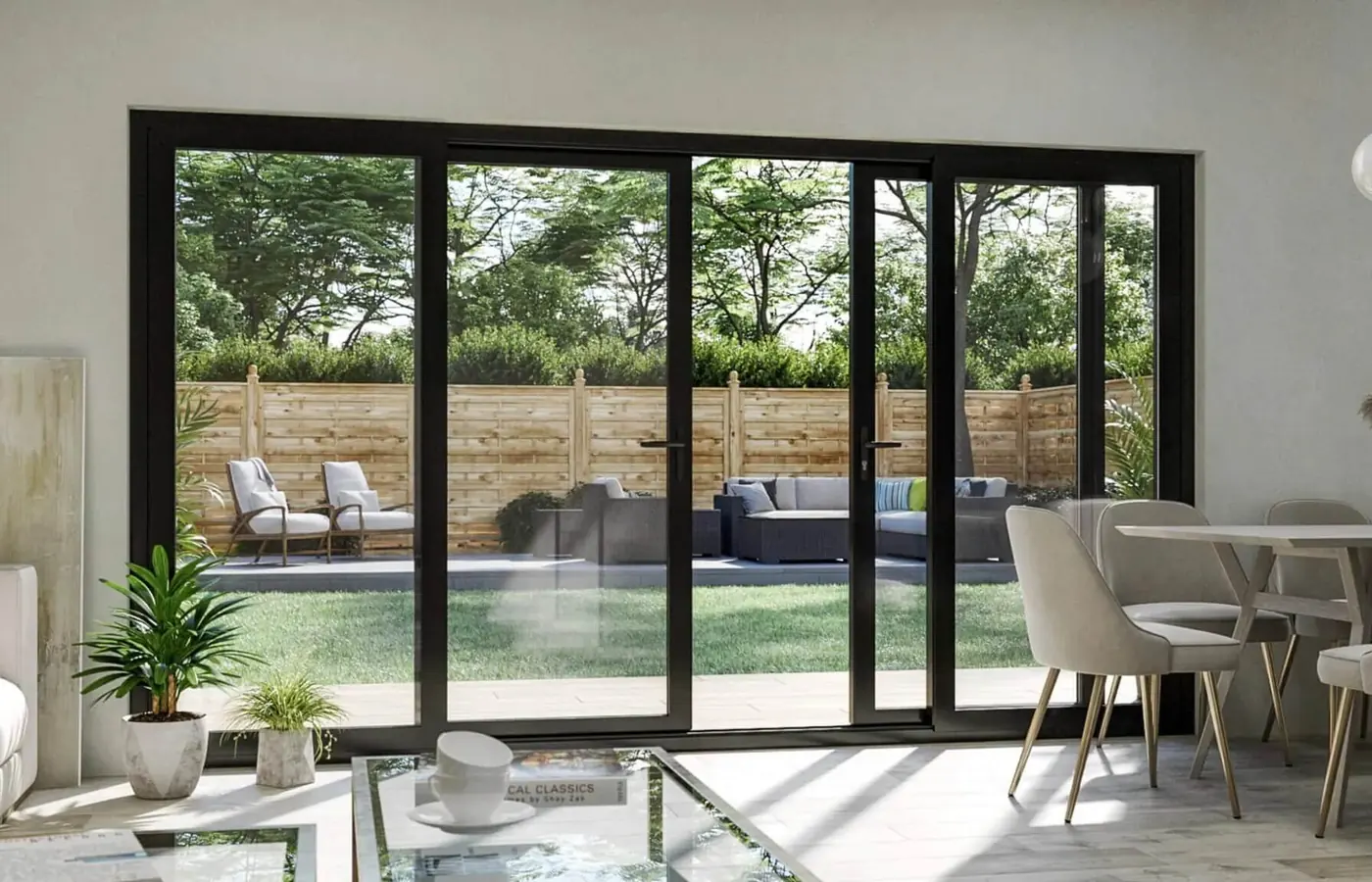 Sliding patio doors opening onto a garden