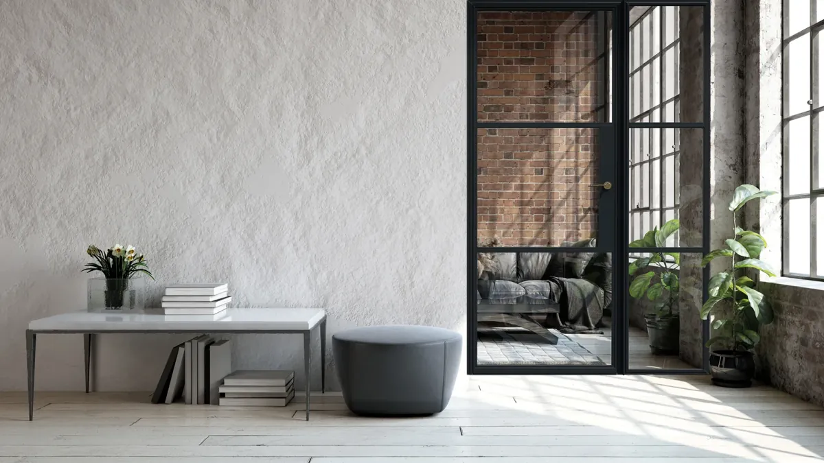 A black-framed hinged internal door and screen