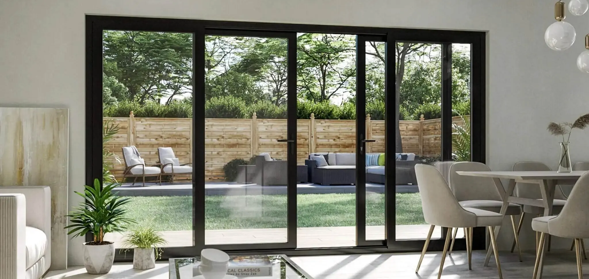 Sliding patio doors opening onto a garden