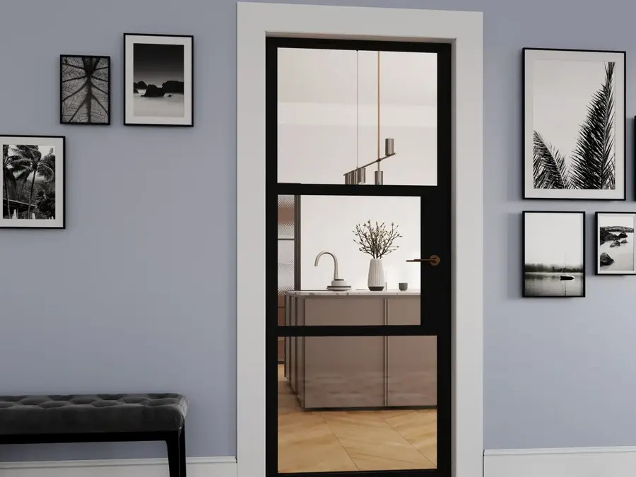 A Crittall-style interior sliding door