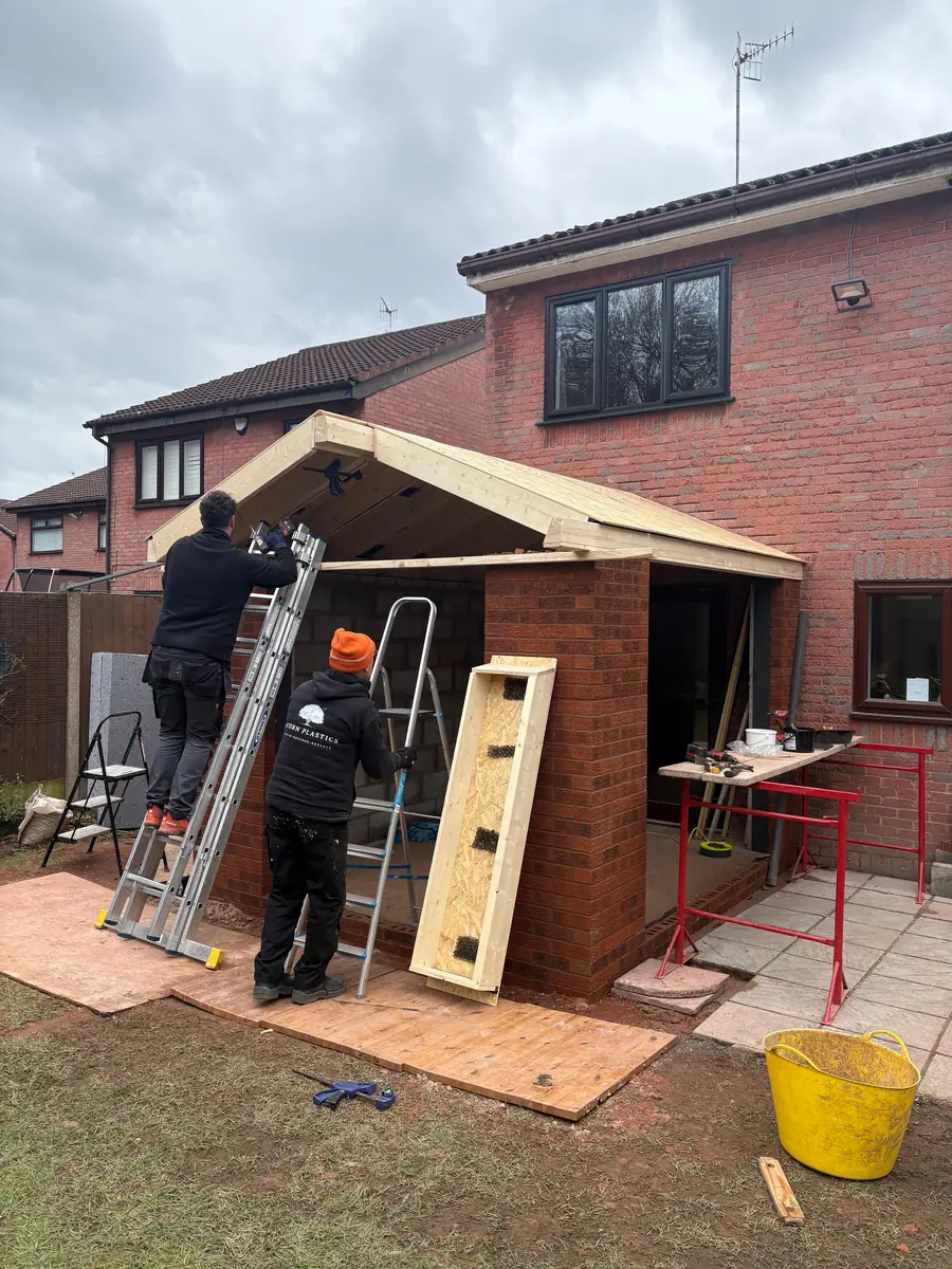 The roof structure and gable being formed